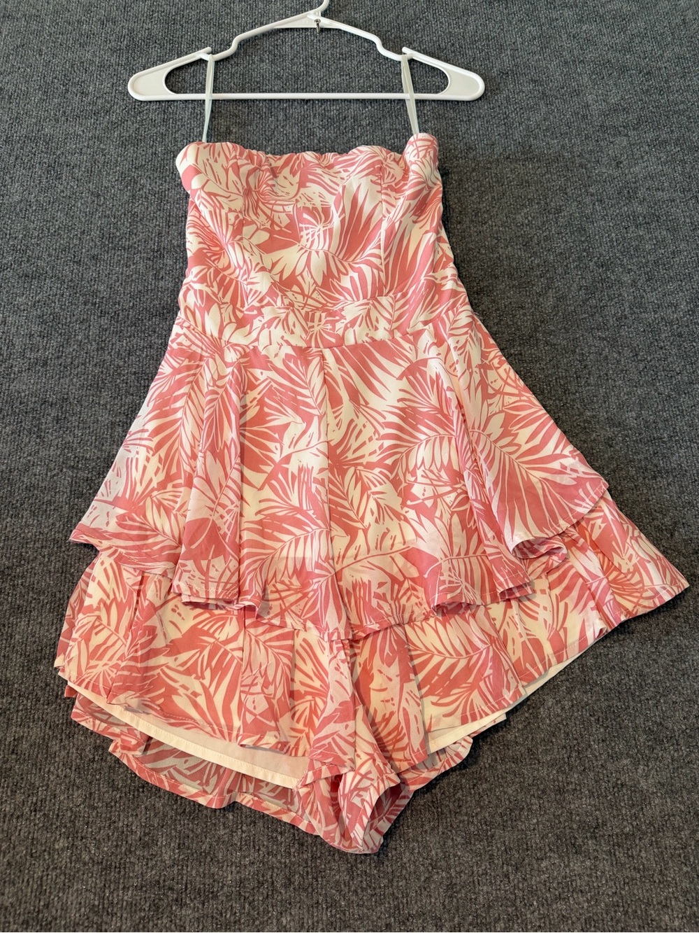 Saints + Secrets Strapless Pink Tropical-Print Ruffle Romper